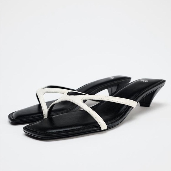 Zara Shoes - Zara size 10 (41) LEATHER KITTEN HEELED SANDALS Black/white NWT